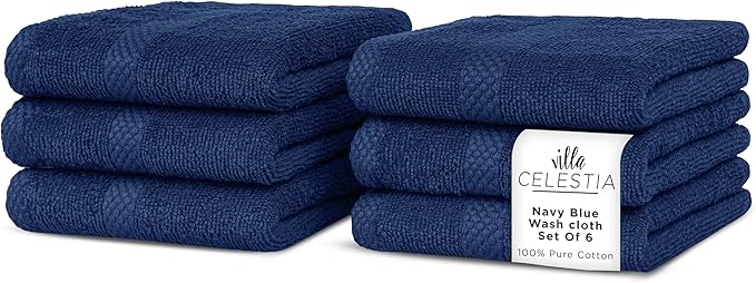 Villa Celestia 100% Cotton Wash Cloth for face & Body Set of 6, (12 x 12 inches) Sustainable, Soft, Highly Absorbent, Combed Cotton Wash Cloths Pack of 6 for Hotels, Spa, Bathroom, Dorm, Navy Blue