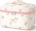 HBselect Christmas Gifts Large Quilted Makeup Bag, Cute Cotton Travel Makeup Bag with Handle, Portable Coquette Floral Make up Bags, Toiletry Organizer Make up Bags for Women Teen Girls Mom