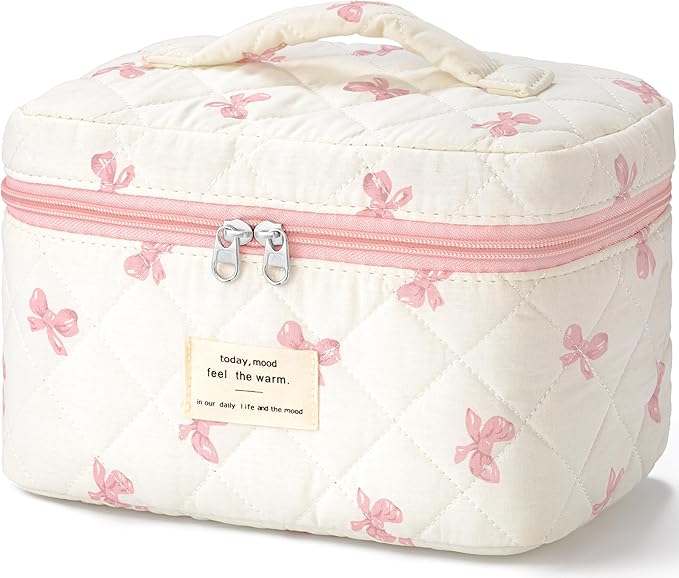 HBselect Christmas Gifts Large Quilted Makeup Bag, Cute Cotton Travel Makeup Bag with Handle, Portable Coquette Floral Make up Bags, Toiletry Organizer Make up Bags for Women Teen Girls Mom