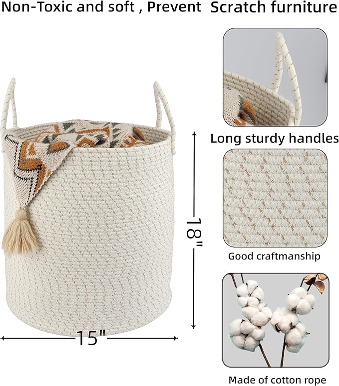 XUANGUO Cotton Rope Laundry Basket Hamper for Clothes Woven Storage Basket for Living Room Bedroom Boho Tall Rope Baskets for Blanket Toys Pillow Towels Baby Nursery Hamper Bin striped