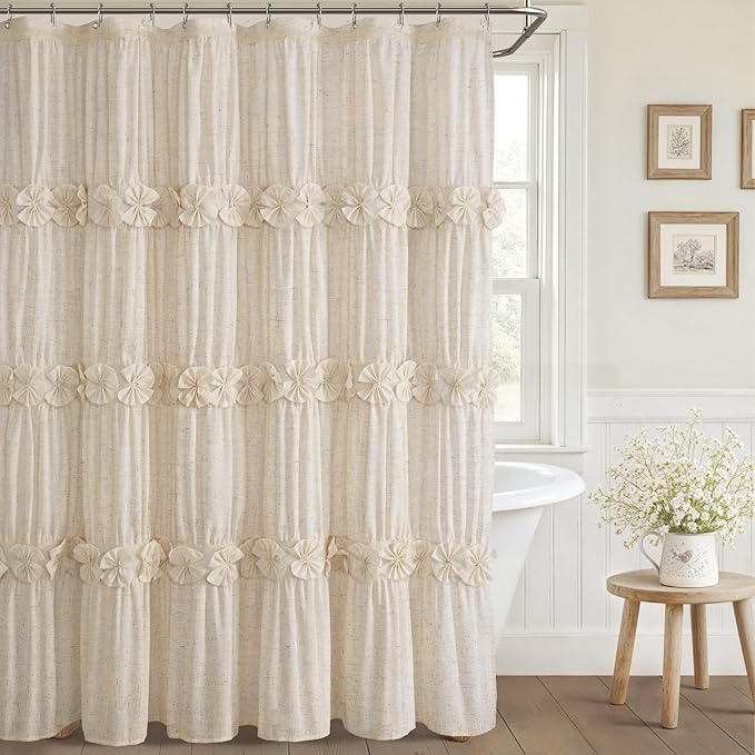 XOGUIBO Linen Ruffle Shower Curtain with Handmade Bow Tie,Vintage Farmhouse Shower Curtain for Bathroom, 72" W x 72" H