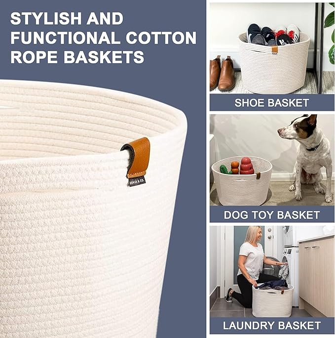 DENJA & CO Extra Large Blanket Basket for Living Room - White Farmhouse Woven Baskets for Storage | Cotton Rope Large Baskets for Blankets, Pillows, Toys, or Laundry | Ivory White (21" Wide x 13.8" Tall)