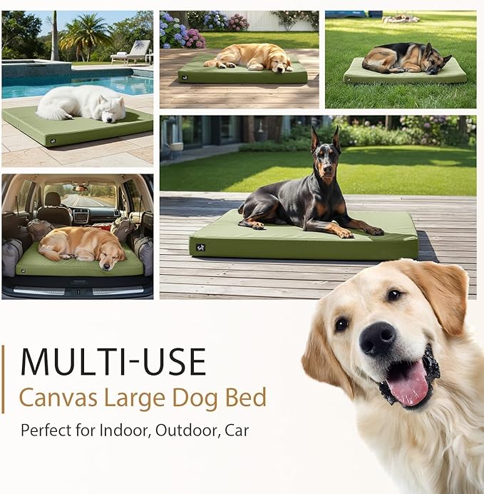 Sytopia 42 Inch Indestructible Dog Beds for Large Dogs, Canvas Outdoor Chew Proof Dog Bed, XL Orthopedic Pet Bed with Waterproof & Washable Removable Cover, Non‑Slip Bottom, Green