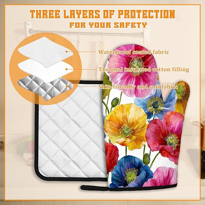 Poppy Flower Oven Mitts and Pot Holders,Pink Yellow Blue Heat Resistant Oven Mitts Gloves and Pot Holder for Home Kitchen Decorations Cooking Baking BBQ Gifts,Set of 4