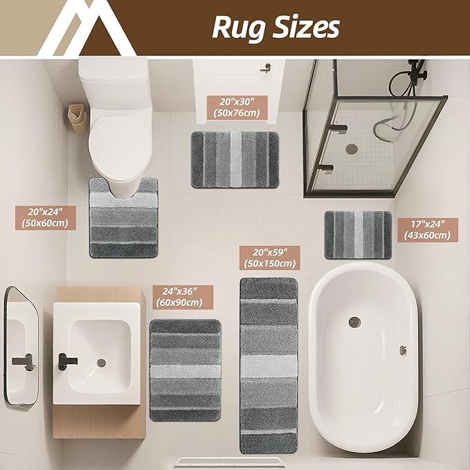 COSY HOMEER Bathroom Rugs 24"x17", Ultra Soft Absorbent Bath Mat with Non-Slip TPR Backing, Machine Washable Shaggy Rug for Bathroom Floor, Grey
