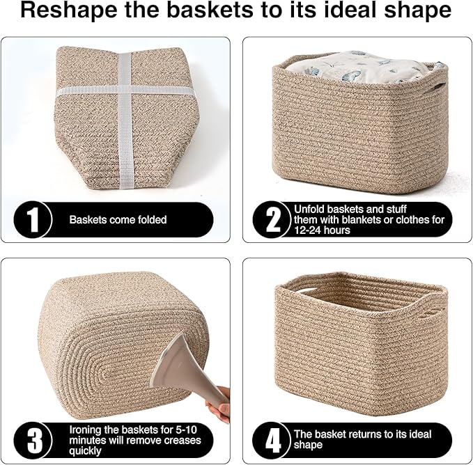 ICERZCZ Small Storage Baskets for Shelves Organizing, Woven Cotton Rope Baskets for Storage, Book Basket, Decorative Shelf Basket, 12.5"Lx9.1''Wx7.9''H (4 Packs) Brown