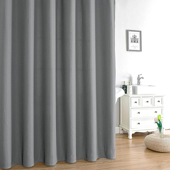 MISS SELECTEX Fabirc Shower Curtain for Bathroom, 230GSM Matt Waffle Water Repellent Durable Fabric Spa Hotel Shower Curtain, Machine Washable Cloth Shower Curtain(72Wx96H,Grey)
