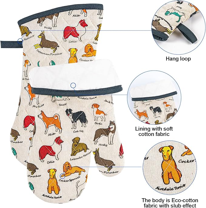 Oven Mitts and Pot Holders with Chef Apron,Set of 5 Heat Resistant Kitchen Gloves and Silicone Non-Slip Potholders Adjustable Neck Buckle Chef Apron, Cotton Nice Design for Cooking (Dog)