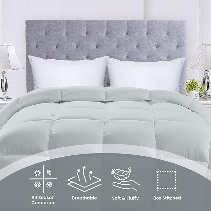 Utopia Bedding Comforters Twin Size, All Season Duvet Insert, Down Alternative Box Stitched Bed Comforter with Corner Tabs, Machine Washable (Light Grey)