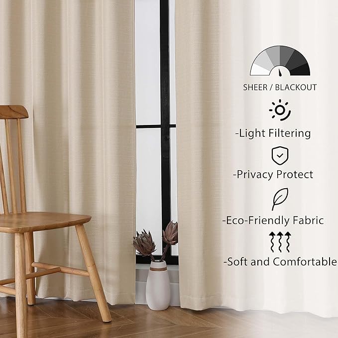 Lecloud Bessie Curtains 72 Inches Long 2 Pcs, Airy Light Filtering Faux Linen Textured Window Curtains for Living Room Bedroom Decor, Rod Pockets Drapes, Each Panel 40" W x 72" L, Linen Color