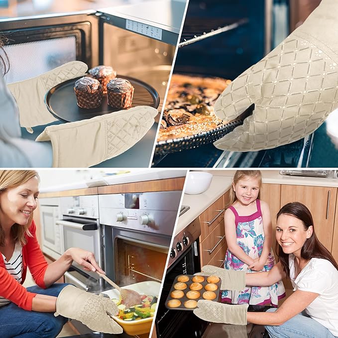 2 Pcs Oven Mitts for Kitchen Heat Resistant Oven Gloves, Soft Cotton Lining, Anti-Slip Silicone Stripe Oven Mitts Heat Resistant Oven Mits, Kitchen Mitt Pair Protect Hands, Cooking Baking Gloves Khaki