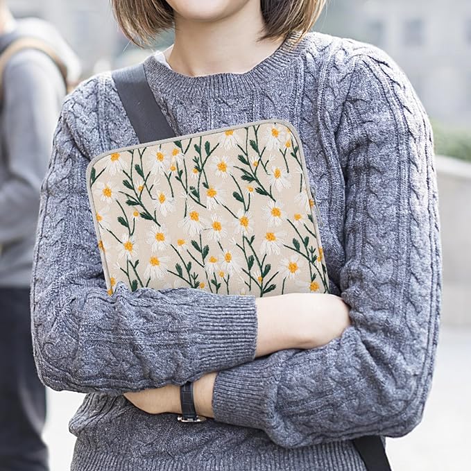 MoKo 9-11 Inch Embroidered Daisy Sleeve Pouch Fits New 11-inch iPad Pro M4/iPad Air M2 2024, iPad Air 5/4/3 10.9"/10.5", iPad Pro 11 M2, iPad 10th 10.9, iPad 9/8th Gen 10.2, Tab S8/S9 11", White Daisy