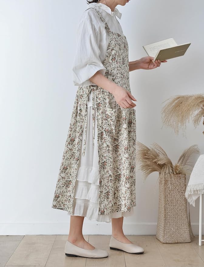 Japanese apron Women-Cross Back Apron for Women with Pockets, Pinafore Aprons, Womens Cotton Linen Apron
