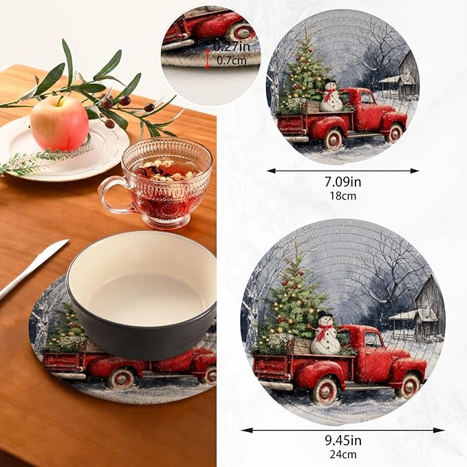 Boccsty Winter Red Truck Trivet Mat 2PCS Snowflake Christmas Tree Dog Cardinal Bird Round Woven Potholders Kitchen Table Countertop Protector Hot Pads Farmhouse Coasters Counter Mats for Cooking Baki