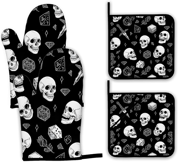Skull Head Oven Mitts and Pot Holders, Rose Heat Resistant Oven Mitts Gloves and Pot Holder for Home Kitchen Decorations Cooking Baking BBQ Gifts,Set of 4