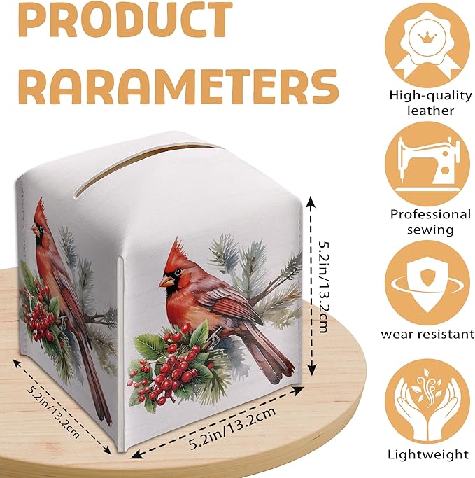 Christmas Tissue Box Holder, Christmas Cardinal Leather Tissue Box Cover Square with Bottom Belt, Paper Facial Decorative Tissues Cover for Night Stands Bathroom Office Home Decor-B11