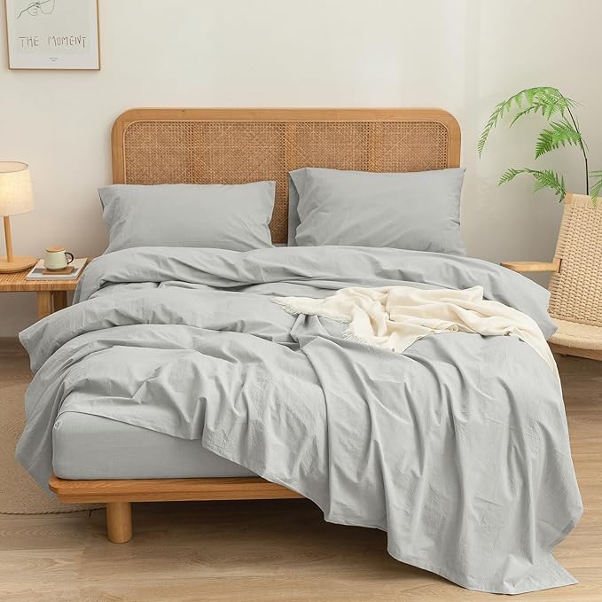 BESTOUCH Sheet Set 100% Washed Cotton Linen Feel Super Soft Comfortable Chic Lightweight 4 Pcs Home Bedding Set Solid Northern Droplet Grey Cal King