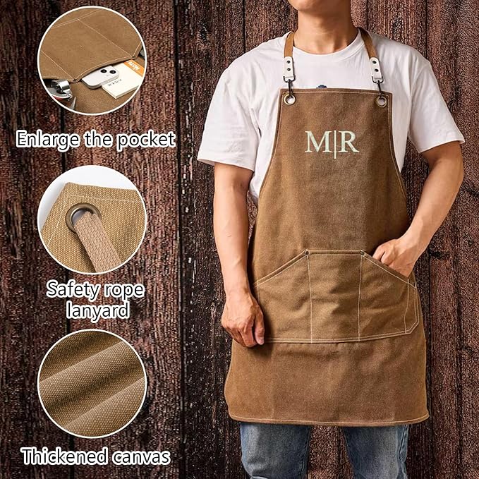 Personalized Apron with Embroidered Initial, Denim Canvas Custom Aprons for Men, Adjustable Mens Apron Cooking Aduit Men Gift Trendy Stufff, Kitchen Essentials,Barbeque w/Styles & Patterns