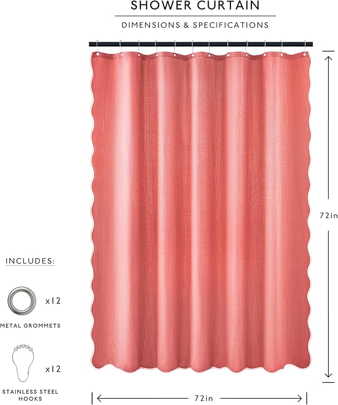 MONDAY MOOSE Scalloped Waffle Weave Shower Curtain with Rustproof Metal Grommet Holes for Bathroom, Machine Washable, Hooks Included (72x72 inch, Light Coral/Coral)