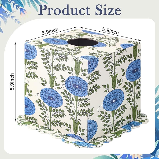 Ferrochef Blue Paper Mache Tissue Box Cover Floral Print Tissue Box Decorative Square Napkin Holder for Grand Millennial Home Bedroom Countertop Night Stands Office Country Decor