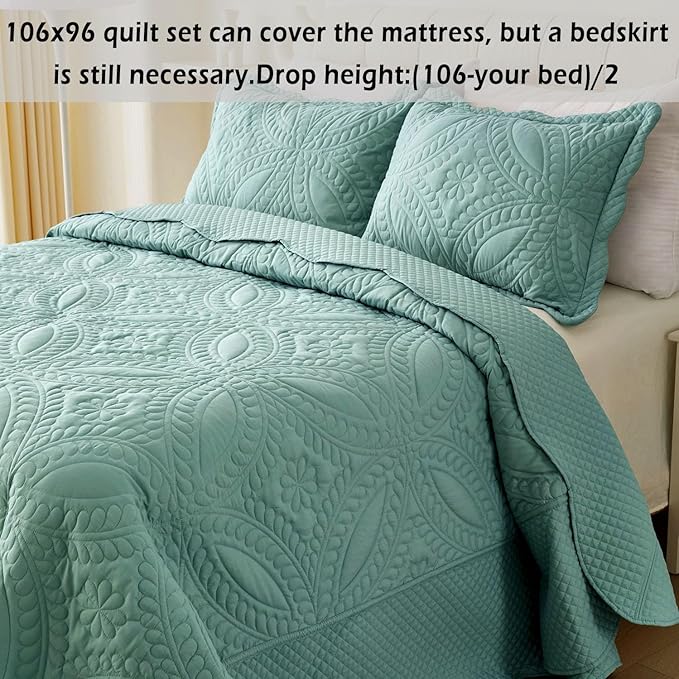 Cmfshape King Bedspread 106"x96",3 Piece King Quilt with 2 Shams,Lightweight Steel Blue Quilt Set for All Season,Modern Coin Pattern Bedding Set,Teal