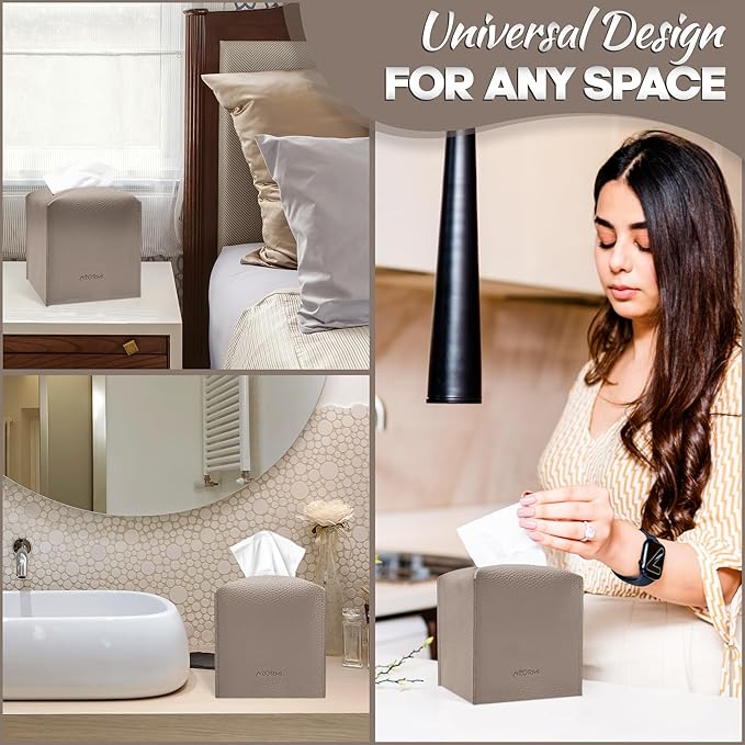 Tissue Box Cover Holder, PU Leather Tissue Box Cover Square with Bottom Belt, Cube Tissue Holder for Bathroom, Modern Organizer for Car, Office, Tabletop (Deep Lotus Root)