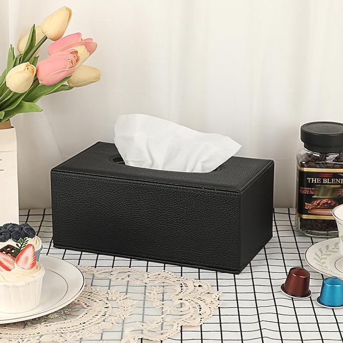 Sumnacon Tissue Box Cover Rectangle Tissue Box Stylish PU Tissue Box Holder with Magnetic Bottom, Decorative Leather Tissue Cover for Living Room Bathroom Table Desk Home Office Car, Black