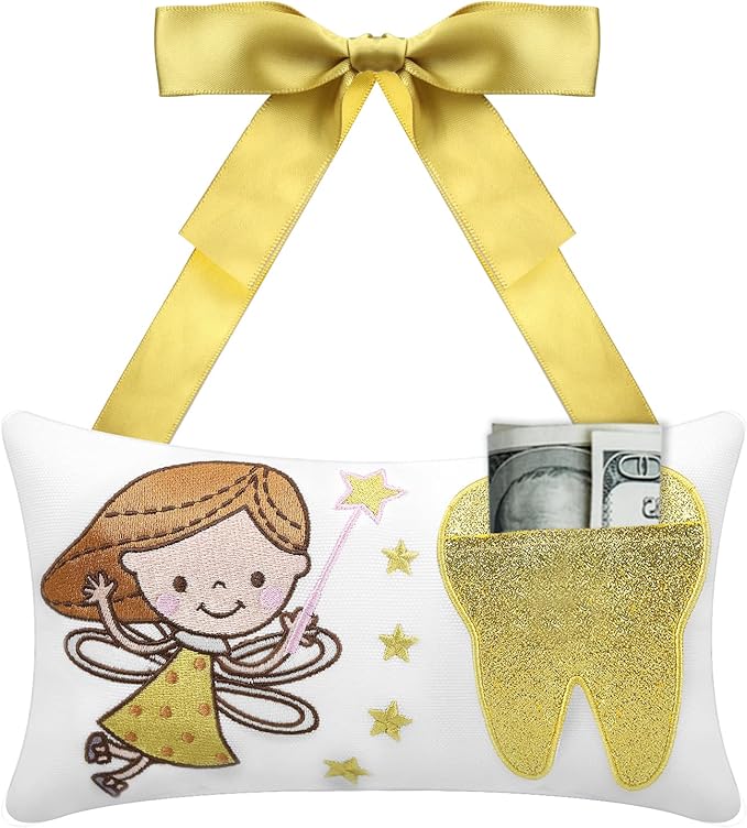 Malihome Tooth Fairy Pillow with Pocket for Girls and Boys Kids Tooth Pillow Toothfairy Gifts Tooth Keepsake Pouch 8.6 x 4.8 inches (for Girls)