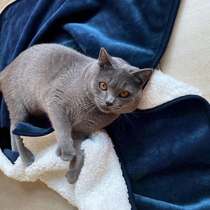 Yaning Waterproof Blanket for Bed Couch Sofa, Soft Liquid Pee Proof Pet Blanket for Dog Puppy Cat, Reversible Sherpa Fleece Furniture Protector (Navy Blue, 30x40 inches)