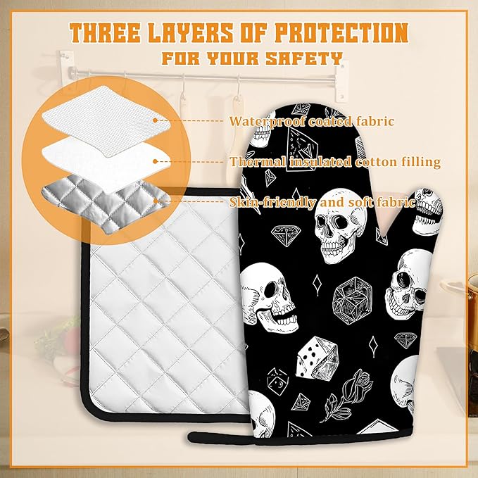 Skull Head Oven Mitts and Pot Holders, Rose Heat Resistant Oven Mitts Gloves and Pot Holder for Home Kitchen Decorations Cooking Baking BBQ Gifts,Set of 4