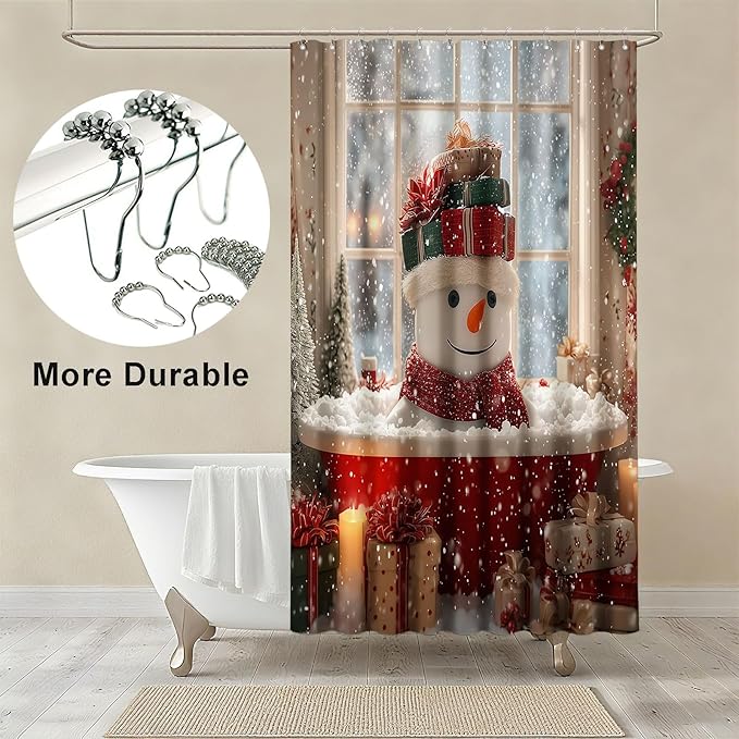 mutakin Winter Christmas Shower Curtain Cute Snowman Snowflake Shower Curtains for Bathroom Waterproof Fabric Bath Curtain Decor with Hooks
