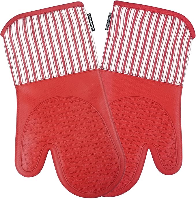 Homewear Marlow Silicone Extra Long Oven Mitt 2 Piece Set, Heat and Slip Resistant, Recycled Cotton with Soft Lining, Thick Kitchen Gloves for Cooking, Red
