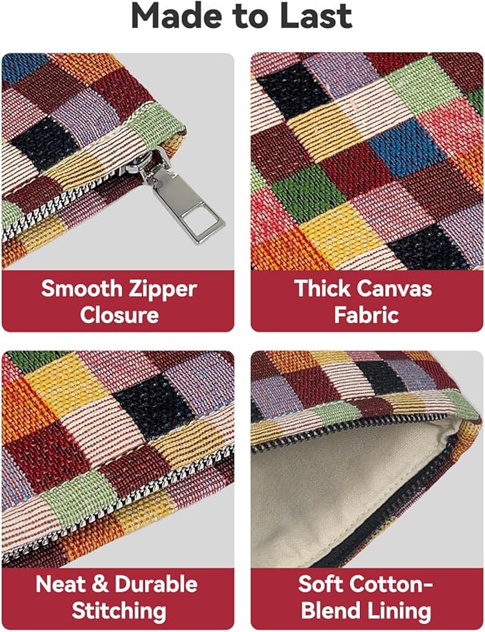 fahombag 2 Pcs Checkered Makeup Bag Set Canvas Cosmetic Pouch for Women Large & Small Cute Preppy Aesthetic Travel Toiletry Pouch Organizer for Purse Skincare Brushes, Multicolor