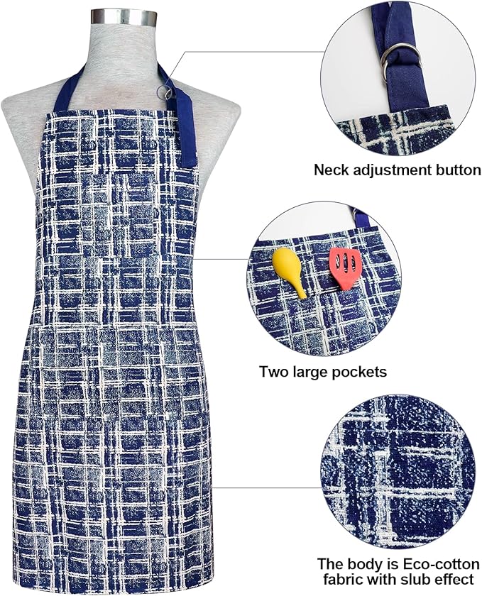 Oven Mitts and Pot Holders with Cooking Apron,Set of 5 Heat Resistant Kitchen Gloves and Silicone Non-Slip Potholders Adjustable Neck Buckle Chef Apron, Cotton Nice Design for Cooking (Navy)