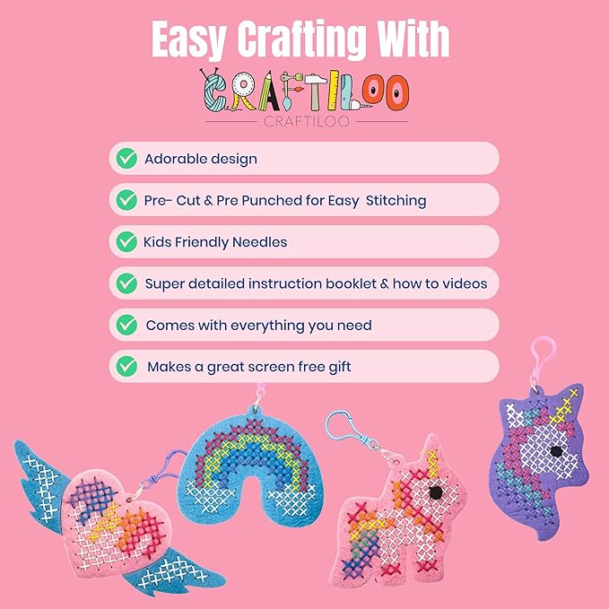 CRAFTILOO My First Cross Stitch Kit for Kids Ages 6–12 – Beginner Needlepoint Set with Pre-Cut Felt, Thread & Keyrings – Makes 4 Colorful Designs: Unicorn, Rainbow, Winged Heart