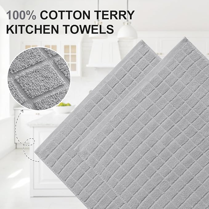 Homaxy Premium Cotton Kitchen Towels 16"x 28", Large Natural Ring Spun 390 GSM Dish Towels, Super Absorbent Terry Kitchen Hand Towels, Soft Tea Towels with Hanging Loop, Pure Light Grey Design, 8 Pack