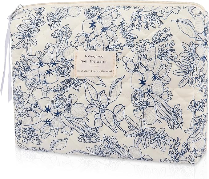 Gosect Floral Makeup Bag, Small Cosmetic Bag for Women Girls, Cute Cotton Makeup Bag, Quilted Makeup Bags, Flower Travel Toiletry Organizer Bag(Navy Blue)