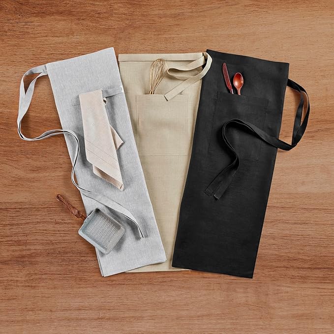 Solino Home Linen Bistro Server Apron - Extra long ties with Pockets - 100% Pure Linen Midi Half Apron for Men and Women