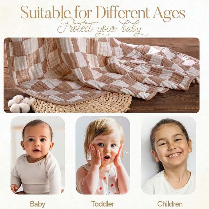 HardNok Ultra Soft Muslin Baby Blanket,A Versatile Swaddle and Bed Blanket for Babies, Toddlers, Boys, and Girls (1 Coffee Checkered 1 Pack).