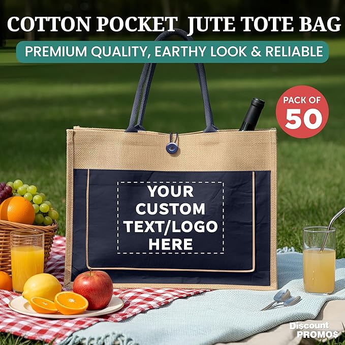 DISCOUNT PROMOS Custom Jute Tote Bags with Cotton Pocket Set of 50, Personalized Bulk Pack - Reusable, Great for Picnic, Camping, Beach, Outdoor Activities - Navy Blue