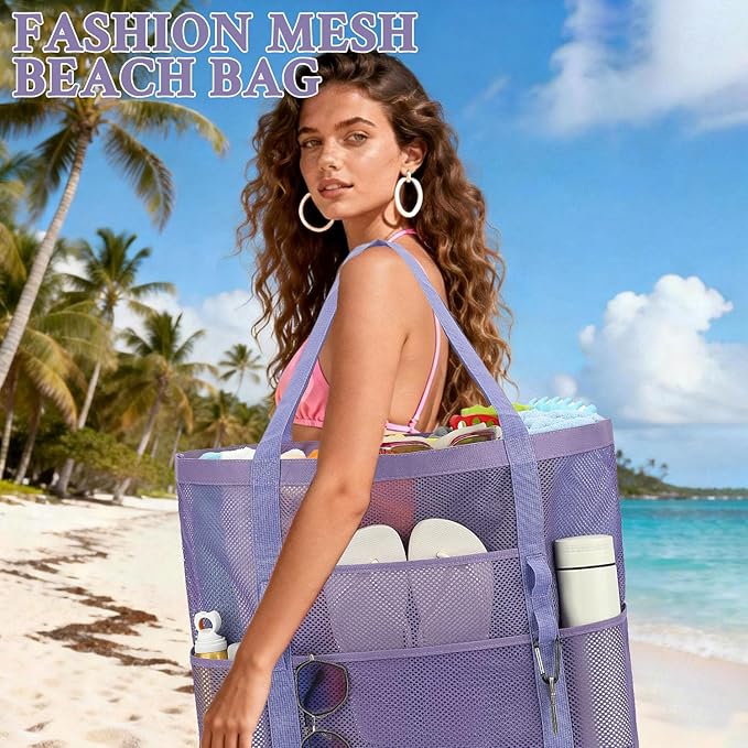 GYEUKHAM Mesh Beach Bag - Large Beach Tote Bag with Multiple Pockets for Family Beach Bag for Toys & Vacation Essentials