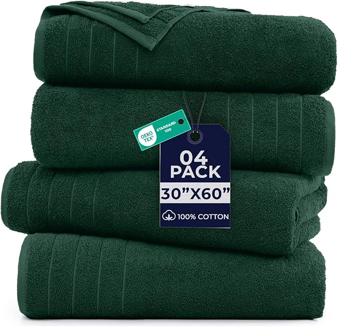 DAN River Extra Large Bath Towels Set of 4, 30 x 60 Inches - 100% Cotton Larger & Lighter Weight Towels for Bathroom - Quicker to Dry, Super Soft & Highly Absorbent Towels for Home, Hunter Green