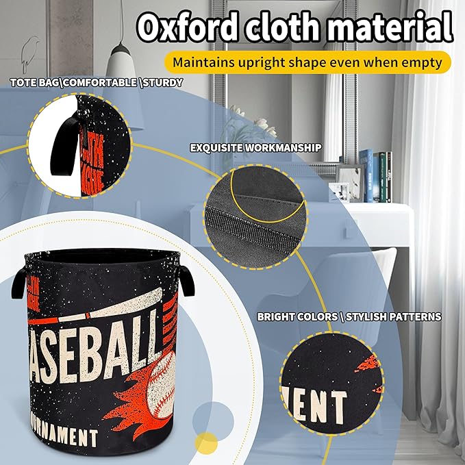 NUTAINLA Baseball Laundry Basket Foldable Oxford Cloth Funny Tote Bag Laundry Hamper Clothes Storage Bucket Toy Organizer For Bathroom/Laundry Storage/Bedroom 18.9x16.5 Inch