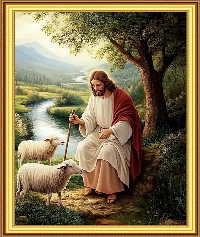 Foxnyart Stamped Cross Stitch Kits Full Range of Embroidery Needlework Starter Kits for Beginners Adults 11CT Embroidery Patterns Art Crafts DIY Needlepoint Kit-Shepherd Under Tree Jesus 16x20 inchs