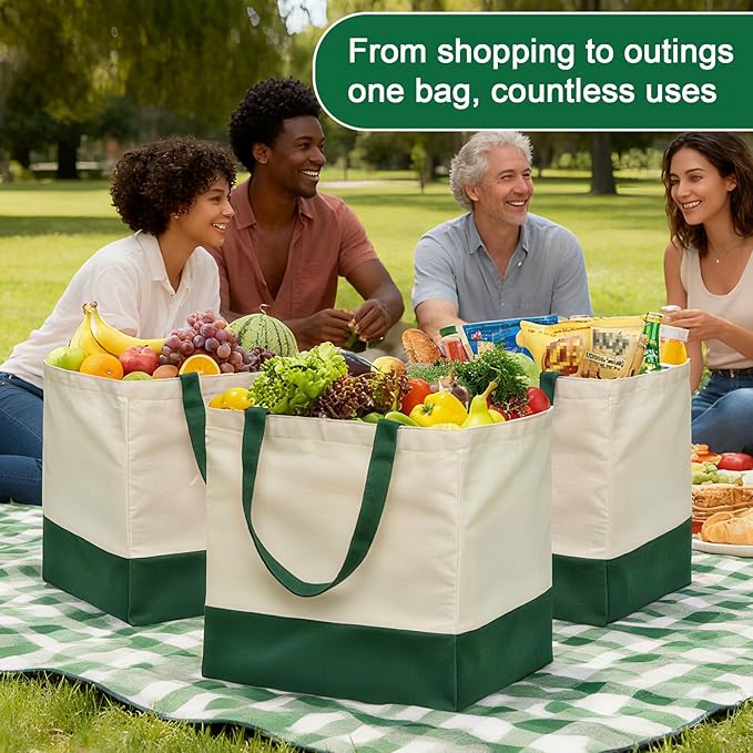 CNaiyunpin 3 Pcs Reusable Grocery Bags - Heavy Duty Canvas Bag, 8.3 gal Foldable Large Canvas Tote Bag with Handles, Holds 60 lbs Tote Shopping Bags,100% Cotton（Retro Green）