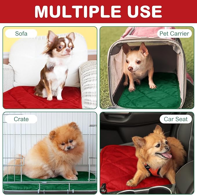 Clysee 2 Pack Self Heating Cat Mat Self Warming Pet Pads Washable Kennel Mat Dog Crate Pad Reflects Body Heat Non Skid Cat Thermal Pads for Puppy Indoor Outdoor (Red, Green,16 x 20 Inches)