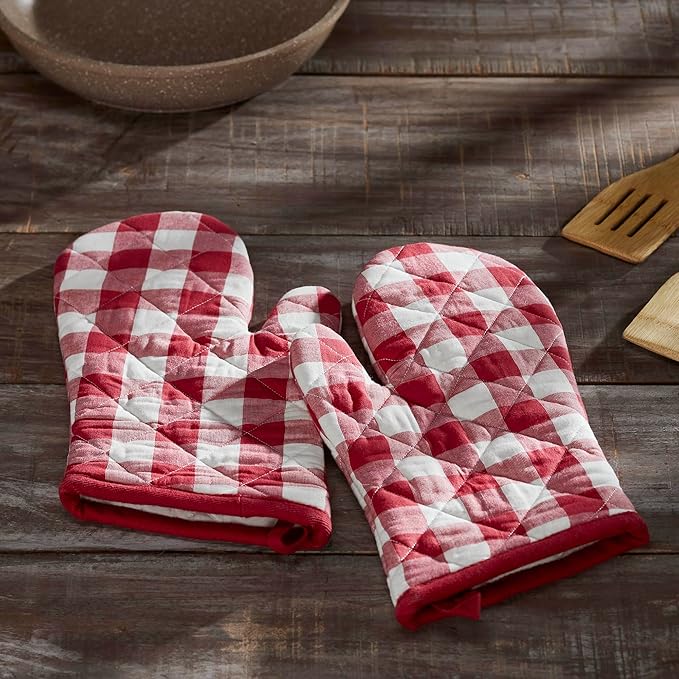 VHC Brands Cotton Oven Mitt Set of 2, Heat Resistant, Baking Glove Pot Holder, Kitchen Mitts, Annie Buffalo Check Collection, 12.5x8, Country Red & White Checkered