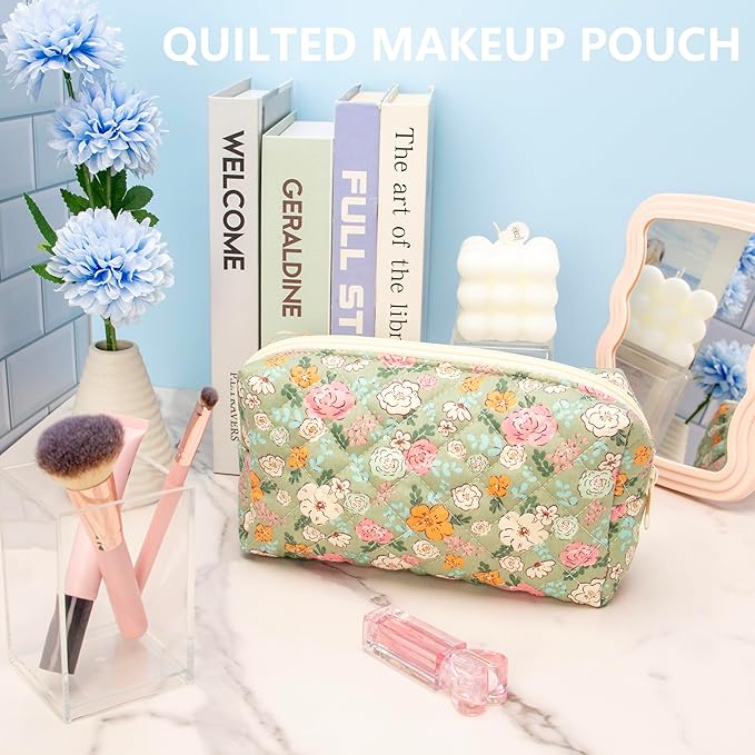 PAZIMIIK 6PCS Vintage Quilted Makeup Bag SET Cosmetic Pouch for Brushes Pencils and Travel Make Up Accessories for Women and Girls Floral Green