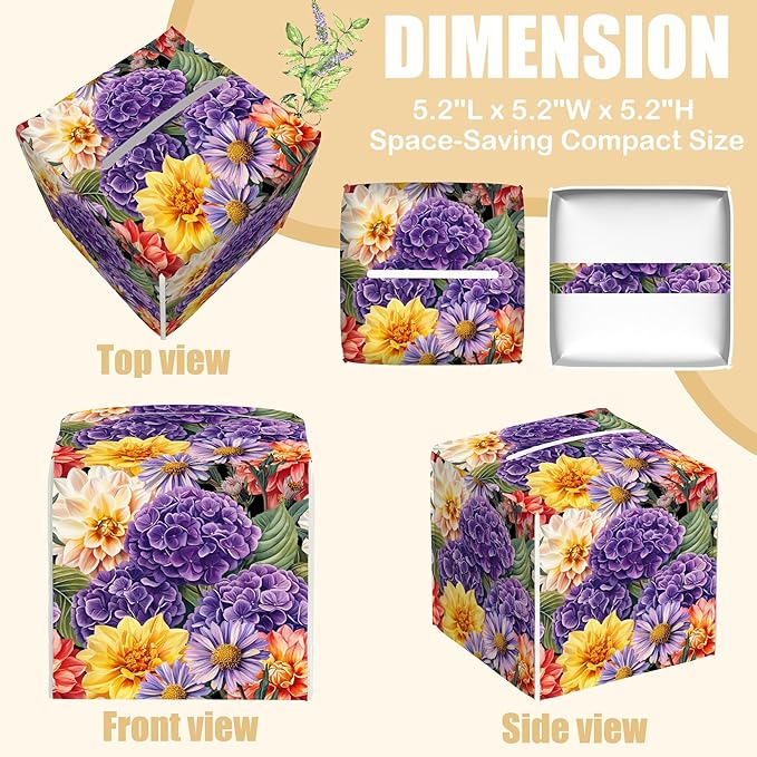 BLYKVGHQ Hydrangea and Dahlia Flower Tissue Box Cover Square, Daisy Tissue Box Holder with Bottom Belt Leather Facial Paper Organizer Dispenser for Bathroom Bedroom Dresser Night Stand Tabletop