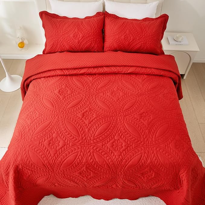 Cmfshape King Bedspread 106"x96",3 Piece King Quilt with 2 Shams,Lightweight Red Quilt Set for All Season,Modern Coin Pattern Bedding Set(1 Quilt,2 Pillowshams)